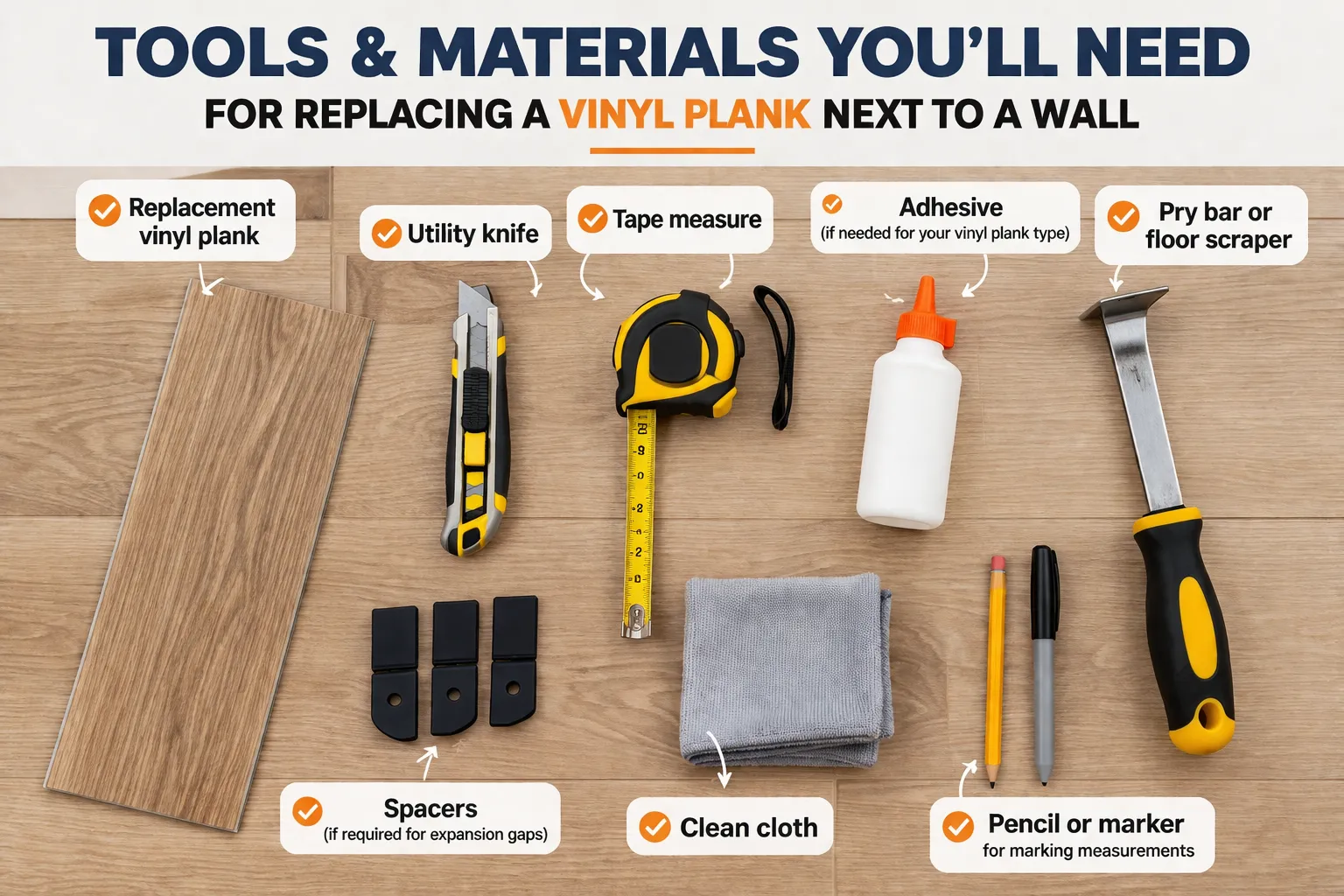 Tools and materials for vinyl plank replacement